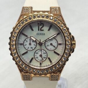 Guess Waterpro Watch Women 39mm Rose Gold Tone Day Date MOP Bling New Battery